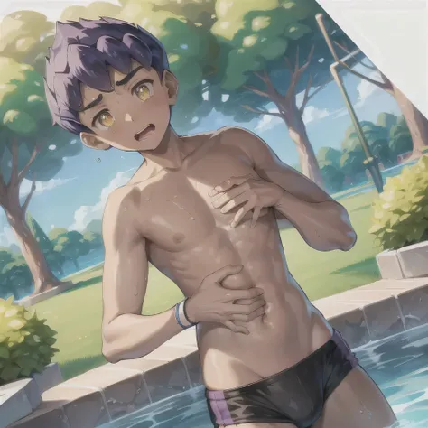    masterpiece    ,     top quality,   {{{{{{One boy , hop (      Pokémon),      Purple Hair ,        short hair ,      yellow eyes, Dark Skin, alone,    Completely naked    、     Please cover your crotch with both hands、panic、At the pool,、bulging due to a...