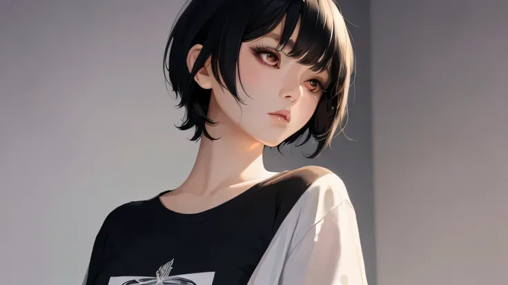 masterpiece,  top quality,  high definition , 1girl, Japanese woman,solo, black hair, Shortcut Hair ,  dark eyes, Delicate eyelashes,T-Shirts, looking up , Fantastic Backgrounds