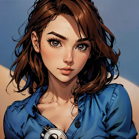 "Close-up, female character, in the dinner, Cartoon image of a  Woman. curly brown hair, brown eyes, blue shirt,."