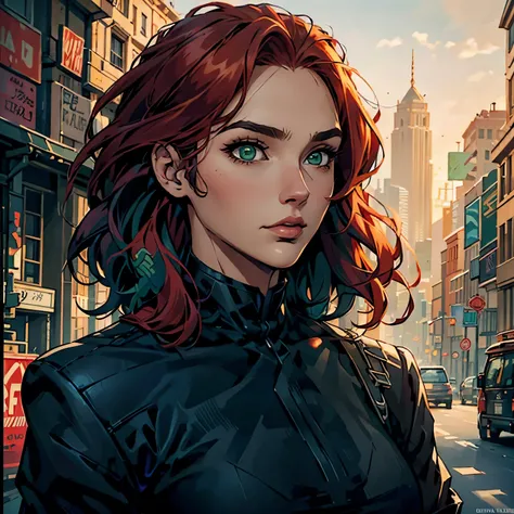 "Close-up, female character, in the street city, golden hour, Cartoon image of a  Woman. curly red hair, green eyes, black suit,."