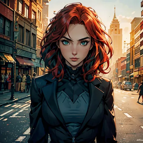 "Close-up, female character, in the street city, golden hour, Cartoon image of a  Woman. curly red hair, green eyes, black suit,."