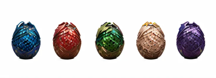  close-up of a row of four different colored bracelets, Dragon Egg, Stylized textures,  stylized material bssrdf , Dragon Scale墙, Dragon Scale, Potion Belt,   stylized hand-painted texture  ,  Detailed Scales , Detailed hatching,  carved dragon features , ...