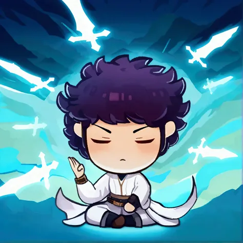  anime boy sitting on the ground with his eyes closed，Anime boy meditating with his eyes closed ，Put your hands together, cotton Cloud Mage Robe, MapleStory, style of MapleStory, Mobile game art , character art of MapleStory, Korean MMO, Mobile game backgr...