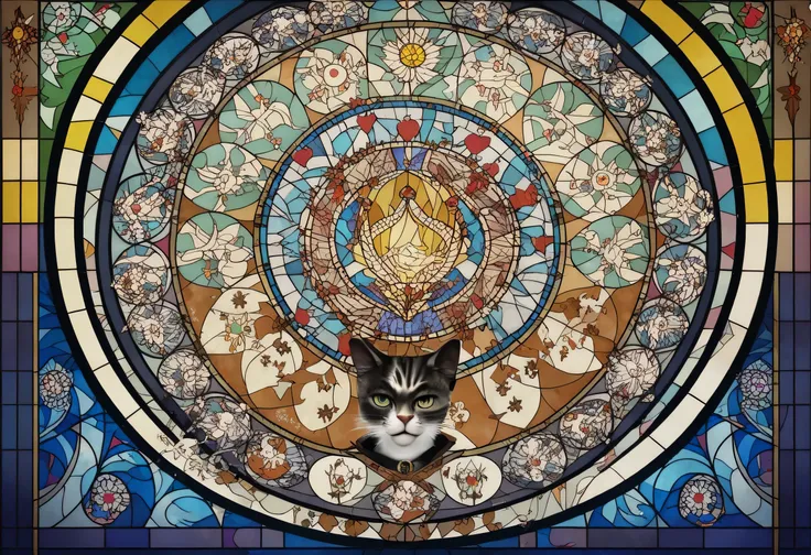 a close up of a cat sitting on a  stained glass  window,  stained glass  art,  Large anthropomorphic Maine Coon , masterpiece  stained glass , on a  stained glass  window, by Tina Blondell, maxim verehin  stained glass , Cat Details, by Meredith Dillman,  ...