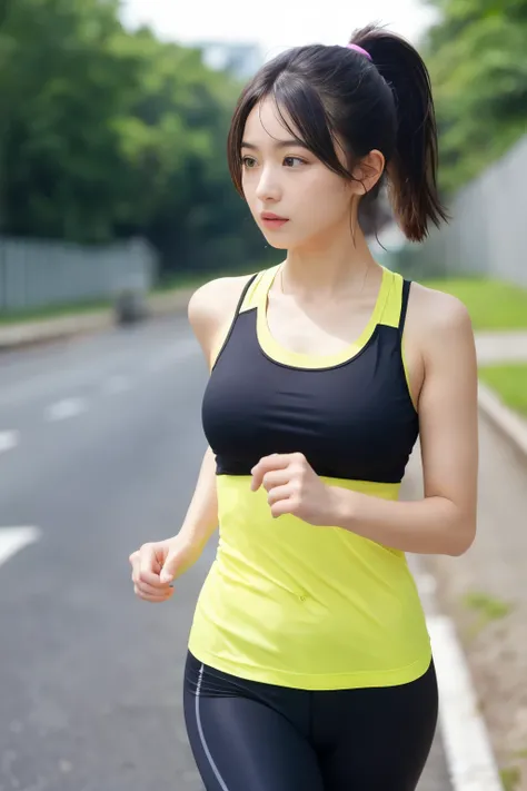 (((masterpiece))), ((( top quality : 1.4))), (( super detailed : 1.4)) ,  movie lights,
 dark hair in a ponytail 、Idol Beautiful Girl、Im doing running training with a tank top thats too big 、Yoga Leggings,Im doing running training、  sharp concentration , 