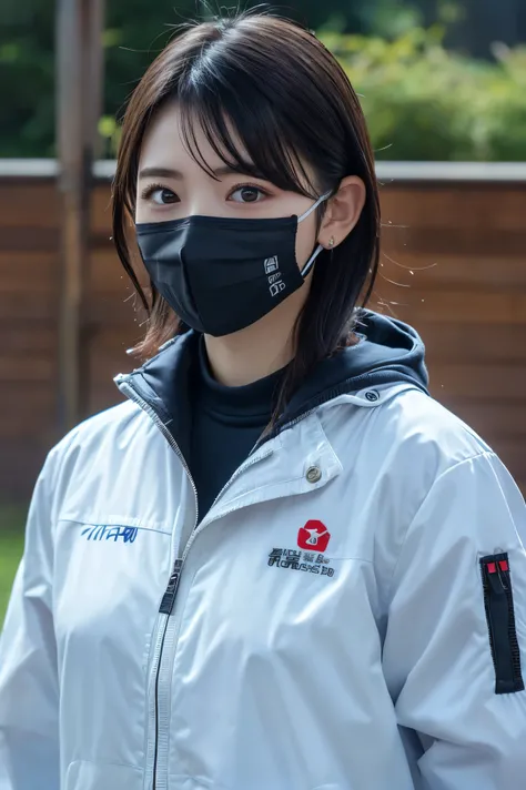 (8k, RAW Photos,highest quality, High resolution:1.1), (ultra-realistic:1.4),(Realistic, Realistic:1.3),The Beauty of Japan、Thick black hair、 hairstyle shortcut、 ear piercing、、Upper Body、Fencing team - white fencing jackets and 白いmasks.
