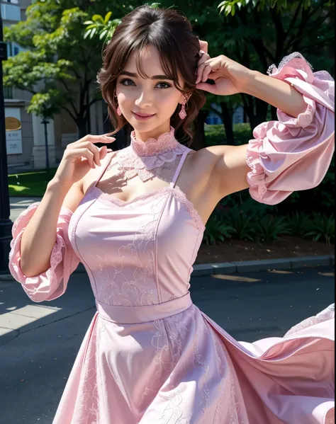 a woman posing on the street corner with pink dress on, best quality, high res, 8k, 1girl, (huge breasts), day, bright, outdoor, (street:0.8), (people, crowds:1), (lace-trimmed dress:1.5, pink clothes:1.5, pink high-neck dress:1.5, sleeveless dress, pink d...