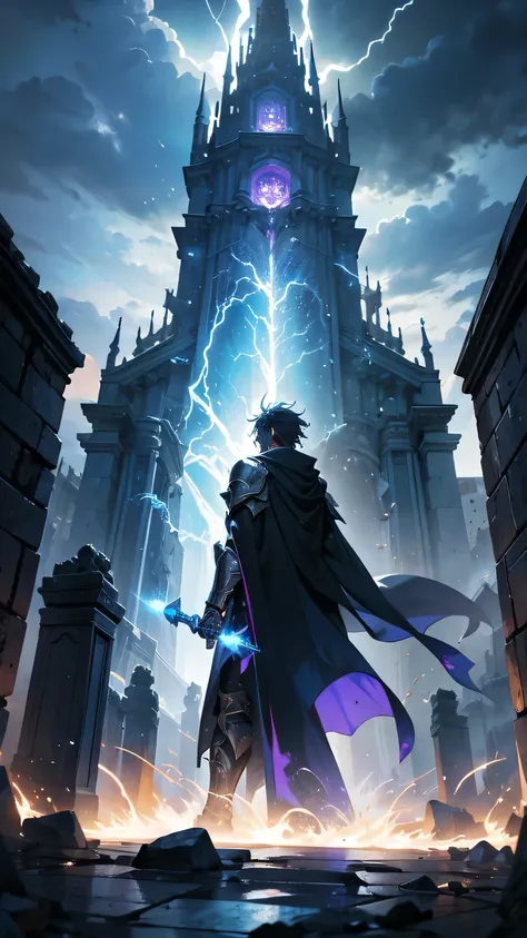 “An epic showdown in front of a massive, ancient portal surrounded by towering stone pillars. The sky is dark and stormy, with bolts of lightning striking the ground around the battlefield. The hero and his companions stand ready, facing off against a dark...