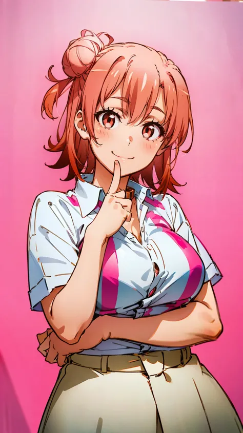   top quality , masterpiece,  high definition ,  1 girl,  Yuigahama Yui,  pink hair, Hair Bun,  short hair,  white collar shirt, (smile), Busty,  Plump Body ,room