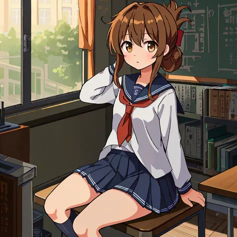 (masterpiece, best quality:1.2),illustration,8k,HD,1girl,Alone,upper body,(portrait:1.2),brown_hair,folded_ponytail,brown_eyes, serafuku,long_hair,school_uniform,skirt,pleated_skirt,Im visiting a class holding my knee due to poor health at the school gymna...