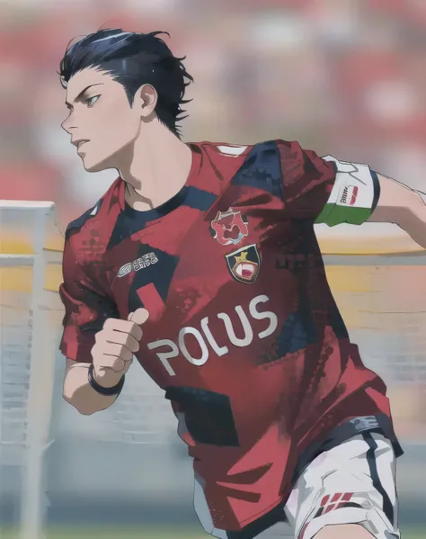 soccer played in red and black uniform, urawa red diamonds, running to his right, wearing captain arm band, manga cover art, blue lock, Yusuke Nomura style