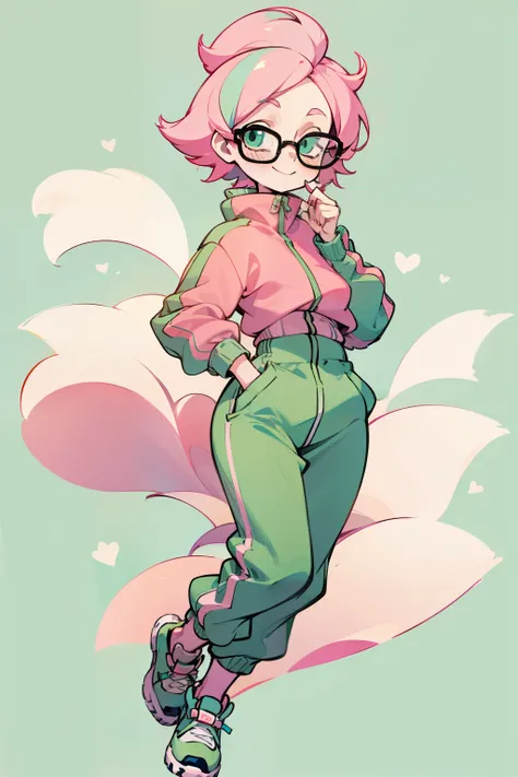 cute androgynous bimbo tomboy girl, short pastel pink hair, happy, sporty, glasses, pale skin, full body, mint green tracksuit