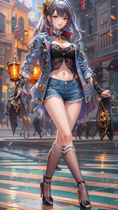 (( top quality )),( super high resolution ),( super detailed ),( detailed description ),(( best CG )),( Best Artwork ), Ultra Precision Art, amazing painting art,(Exquisite art:1.5), high leg cut denim hot pants,  knee-high stockings, Half cup bra,