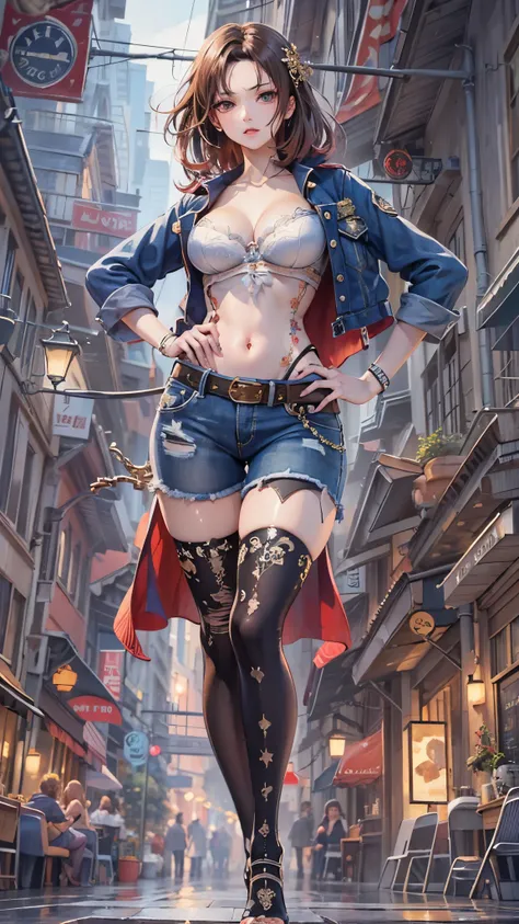 (( top quality )),( super high resolution ),( super detailed ),( detailed description ),(( best CG )),( Best Artwork ), Ultra Precision Art, amazing painting art,(Exquisite art:1.5), high leg cut denim hot pants,  knee-high stockings, Half cup bra,