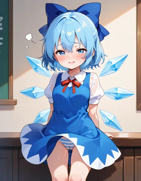   、 Kindergarten Mother、、、 s、 sの小さな体、Toddler Cirno,  blue eyes,  hair between eyes,  ,  blue hair, hair 弓,  short hair, blue  dress, puffy Short sleeve,  white shirt, Wings, ice, Short sleeve, ice Wings,  dress, Cute Background ,Big Breasts、Wet Panties、 tr...