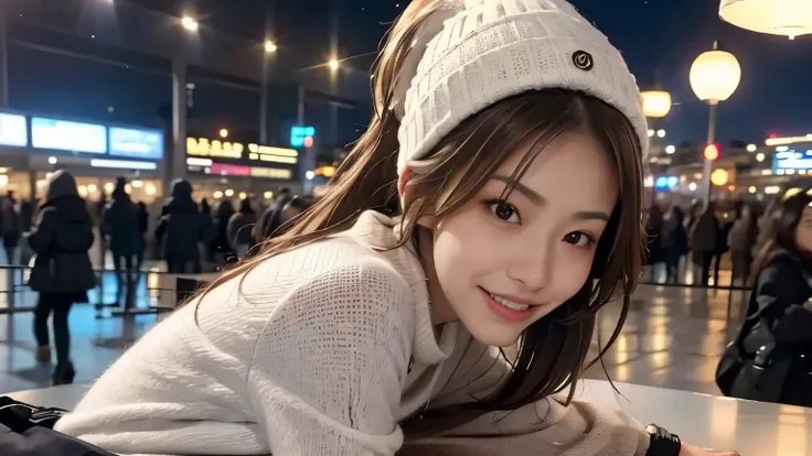 of Misaki, small breasts,( realistic lighting ,  top quality , 8k, masterpiece: 1.3)),  clear focus: 1.2,  1 girl,  perfect beauty: 1.4, Big Breasts: 1.2,  slim abs: 1.1, (( dark brown hair )), ( Cute Winter Clothes), (airport), day: 1.1), ,  super fine,  ...