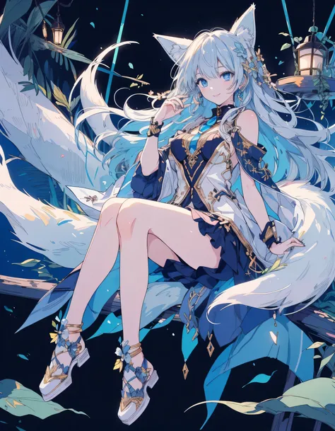  Light Smile,  full body, ((masterpiece,  top quality :1.5)), (( Beautiful Detailed Foxs Blue Eyes :1.2)), fox ears,  blue-white skin, medium breasts,  beautiful hands,   Look under the Beautiful Fingers, Simple Negative 。