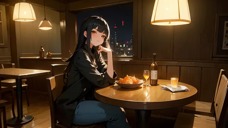 ((Masterpiece, Highest shadow, Nice Lighting: 1.2)), Original Character, cute-looking 21-year-old woman with a beautiful face, round eyes, shoulder-length black hair, slender body, A-cup breasts, soft smile, sitting in a cozy bar at night, enjoying a drink...