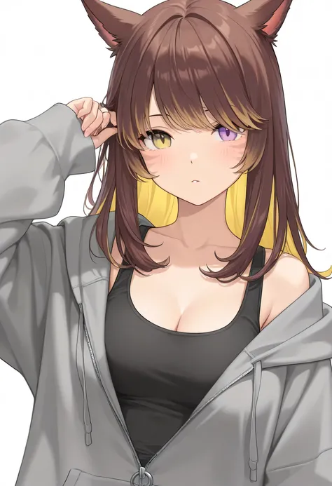 masterpiece,1girl, Miqote, colored inner hair Brown hair Yellow hair, cat_ears, gray oversized hoodie, Inner tank top , Hair on one eye, Long hair tips, 膝を抱える, 