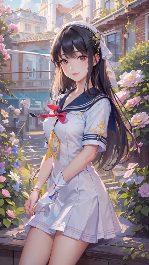 (( top quality )),( super high resolution ),( super detailed ),( detailed description ),(( best CG )),( Best Artwork ), Ultra Precision Art, amazing painting art,(Exquisite art:1.5),  high school girl,  sailor suit, Pull up black hair , Look straight ahead...