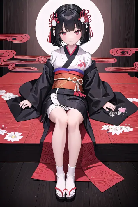  anime-style illustrations 、 A girl wearing traditional Japanese kimono while possessing modern elegance。 She is black on a bright red kimono The obi is wrapped tightly 、 is neatly tied 。 and a white and black houndstooth pattern coat on the kimono （Tradit...