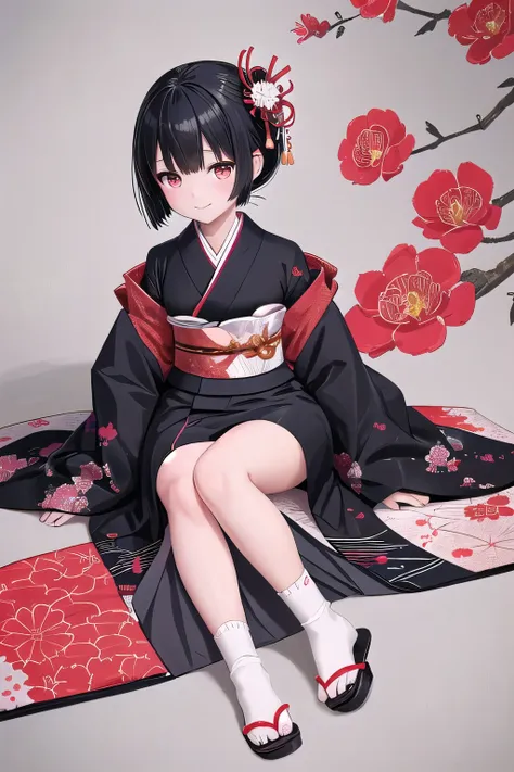  anime-style illustrations 、 A girl wearing traditional Japanese kimono while possessing modern elegance。 She is black on a bright red kimono The obi is wrapped tightly 、 is neatly tied 。 and a white and black houndstooth pattern coat on the kimono （Tradit...