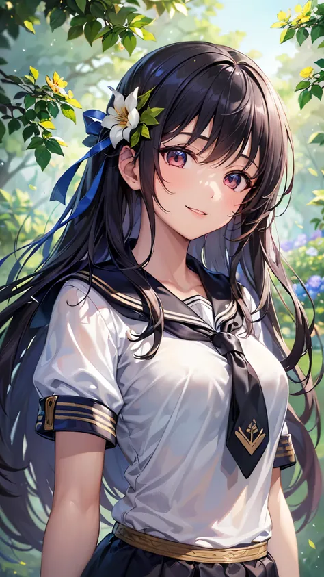 (( top quality )),( super high resolution ),( super detailed ),( detailed description ),(( best CG )),( Best Artwork ), Ultra Precision Art, amazing painting art,(Exquisite art:1.5),  high school girl,  sailor suit, Pull up black hair , Look straight ahead...