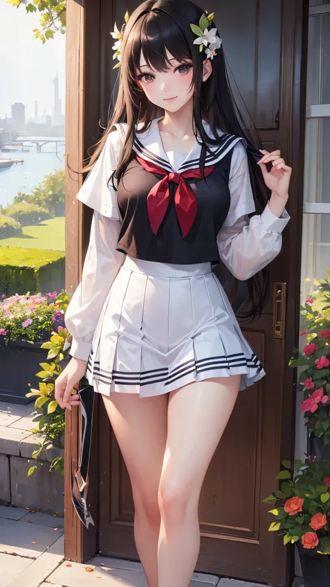 (( top quality )),( super high resolution ),( super detailed ),( detailed description ),(( best CG )),( Best Artwork ), Ultra Precision Art, amazing painting art,(Exquisite art:1.5),  high school girl,  sailor suit, Pull up black hair , Look straight ahead...