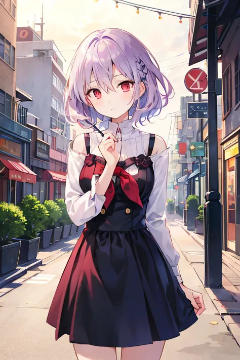 beautiful illustration, best quality, pretty girl,  City，  Light purple hair ，Quiet ，indifferent，cold， bright red eyes，Single, Cheerful,Hair length to shoulder，Shut up, Bangs between eyes, indifferent