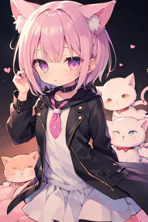 nsfw, short, The hair color is light pink 、fastener、  leather suit、首輪とリードをつけた  elementary school girl 、 Wearing a collar 、  elementary school girl 、Very beautiful and shining eyes、Sparkling Eyes、1 person、cat ears、((((( )))))、heart❤、((sweat、vapor)）