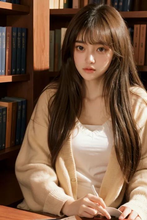 A 20-year-old female college student is being interviewed in a library setting. She has gentle eyes, long brown hair, and naturally falling bangs. She is alone, looking directly at the camera, exuding a warm and calm atmosphere. The background features det...