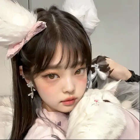 there is a girl holding a cat and wearing bunny ears, very beautiful cute catgirl, girl with cat ears, fake cat ears, attractive cat girl, anime girl with cat ears, beautiful young catgirl, white ( cat ) girl, lalisa manobal, cat ears on her head, ulzzang,...