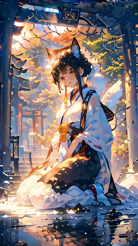 ((masterpiece:1.2)), (( top quality :1.2)),  1 Shinto Shrine Maiden((Cat ears, (Priestess Outfit :1.3), Tied black hair, [Cat ears:1.4])), (gentle eyes and face ), (Im sitting on a stone staircase covered with snow, A black cat is sitting next to me:1.5), ...