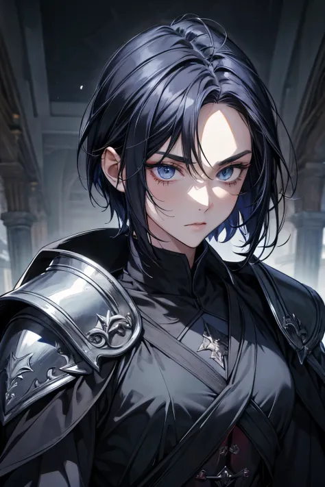 Masterpiece, anime, best quality, black clothes, fantasy, medieval, knight, warrior, black robe, black plate armor, sharp, coldness, beautiful woman, adult woman, solo, indigo eyes, indigo hair, short hair, straight hair, white skin, upper body, face, evil...