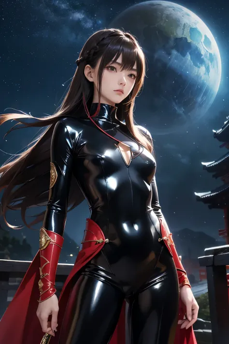 ((UHD, masterpiece, accurate, anatomically correct, super detail, best quality, 8K)), (a medieval times Japanese female Ninja:1.1), thirteen years old, slender body, flat chest, (wearing a well decorated full-length tight glossy ornamented black latex suit...