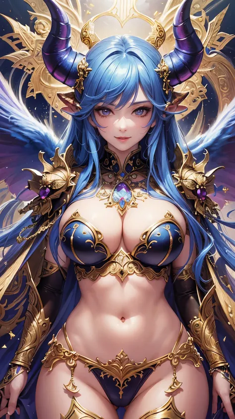 (( top quality )),( super high resolution ),( super detailed ),( detailed description ),(( best CG )),( Best Artwork ), Ultra Precision Art, amazing painting art,(Exquisite art:1.5),  Female devil,  fearless smile , Two Heavenly Horns ,  Ornate Bikini Armo...