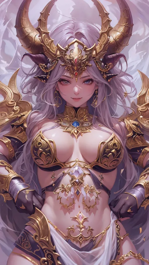 (( top quality )),( super high resolution ),( super detailed ),( detailed description ),(( best CG )),( Best Artwork ), Ultra Precision Art, amazing painting art,(Exquisite art:1.5), Female devil,  fearless smile , Two Heavenly Horns ,  Ornate Bikini Armor...