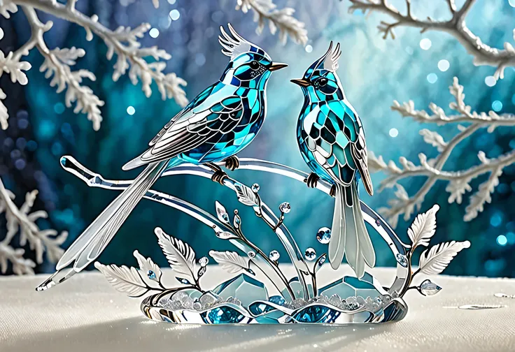 A pair of ethereal glass-like birds with translucent, shimmering feathers in soft shades of aqua blue, perched gracefully on a crystal branch in an enchanting, otherworldly setting. The birds feathers catch and refract the light, creating a mesmerizing dis...