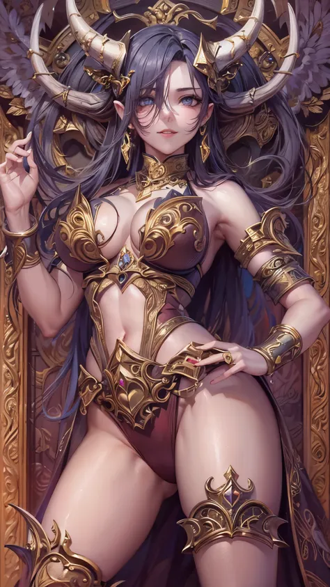 (( top quality )),( super high resolution ),( super detailed ),( detailed description ),(( best CG )),( Best Artwork ), Ultra Precision Art, amazing painting art,(Exquisite art:1.5), Female devil,  fearless smile , Two Heavenly Horns ,  Ornate Bikini Armor...