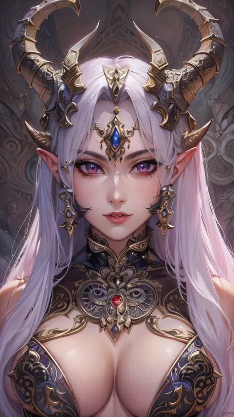 (( top quality )),( super high resolution ),( super detailed ),( detailed description ),(( best CG )),( Best Artwork ), Ultra Precision Art, amazing painting art,(Exquisite art:1.5), Female devil,  fearless smile , Two Heavenly Horns ,  Ornate Bikini Armor...