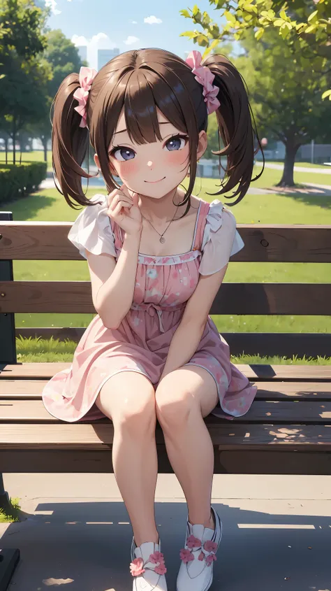 (8K、Highest image quality、best quality、masterpiece)、Detailed face、、、(smile:0.4)、(summerdress)、blush、scrunchie、twintails,sitting on bench, park