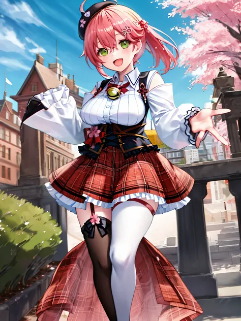 masutepiece, Best_Quality, hight_resolution, miko2,Ponytail, 1girl, Ahoge, black headwear, Hair Ornament, White shirt, black thighhighs, Pink hair, Red_skirt, very_short_skirt, plaid skirts, garter_strap, Collared shirt, hair clips, frilld, Bangs, hair bet...