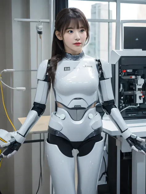 masterpiece, best quality, extremely detailed, (8K, 4K, Best Quality, hight resolution, 超A high resolution:1.1), 8K portrait,1girl in, Japaese android girl,android teacher,Plump , control panels,android,Droid,Mechanical Hand, ,Robot arms and legs, Black ha...
