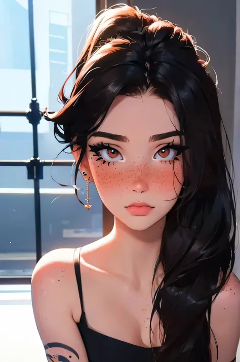 24 year old girl, influencer, model, beautiful, mascara, nose blush, freckles, tube top, piercings, tattoos, slender, slim, stunningly pretty, perfect skin, ahegao