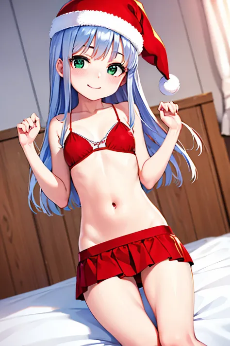  long silver hair ,  green eyes, Santa hat, red bikini, small breast, smile, happy, skirt,  beautiful thighs, inside house