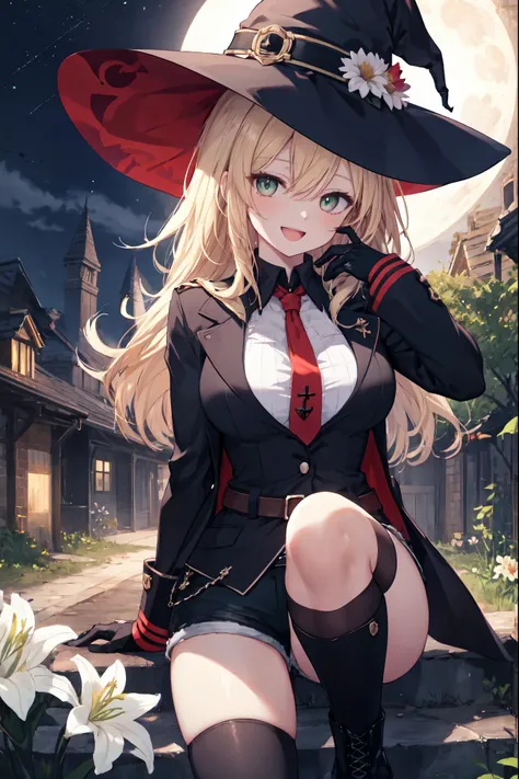 best quality, integrated scenery, integrated background, extremely delicate and beautiful, meticulous details, good composition, , cute face, perfect face, perfect hands,masterpiece, best quality, witch hat, black gloves, thighhighs, looking at viewer, smi...