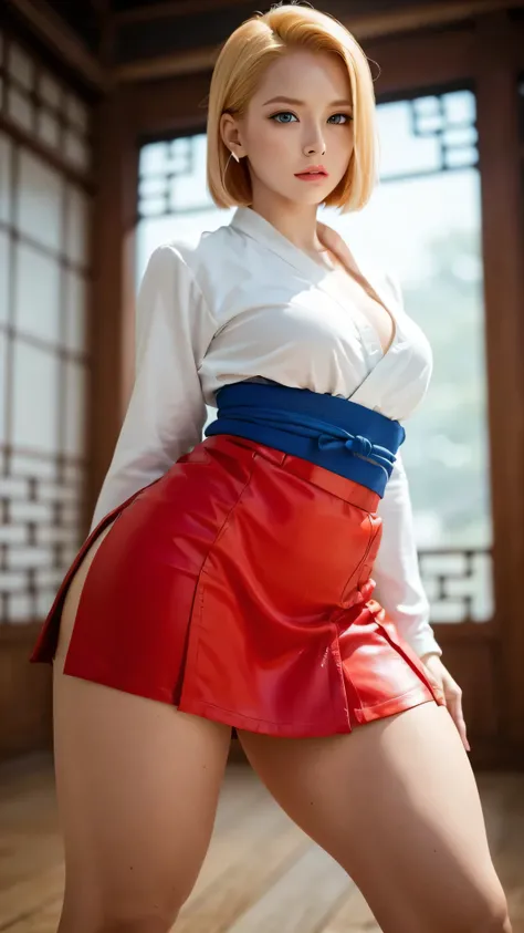 Android 18, redhead,  A woman  ,  short blonde hair and bangs,  expressive blue eyes , mini skirt,  a red Chinese martial arts blouse , pecho pequeño,  Not fit for work ,   big ass,  thick thighs,  wide hips , Desde atrás