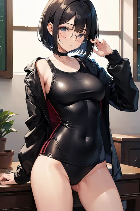 (( top quality )), ((masterpiece)), ( Details), 1girl,  sexy,  black hair,  short bob, Glasses, leather,  SCHOOL SWIMSUIT 