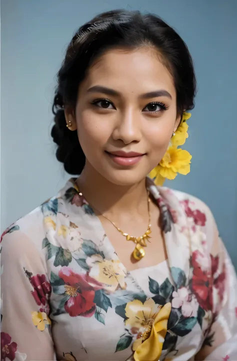 photo realistic, The image is a portrait of a Indonesian woman with a warm smile. She has dark hair styled in an updo and is wearing traditional South Asian attire, which includes a floral patterned blouse with yellow accents and what appears to be a pink ...