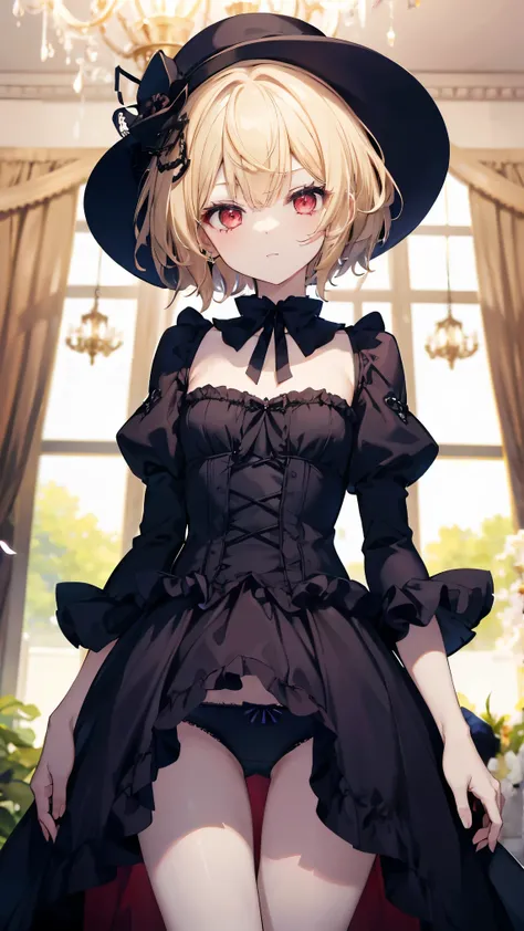  top quality , girl、Blonde、(Whitening skin),Red eyes、 Very Short Hair,Short Hair, silk hat、Petite,,、 slender,,Frills,Gothic, Underpants , Dark Room, slender、 chandelier,Mansion, boyish,